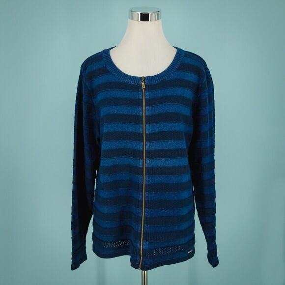 Blue Willi's Size Large L Blue Stripe Perforated Knit Zip Crew Cardigan Sweater - Picture 1 of 8